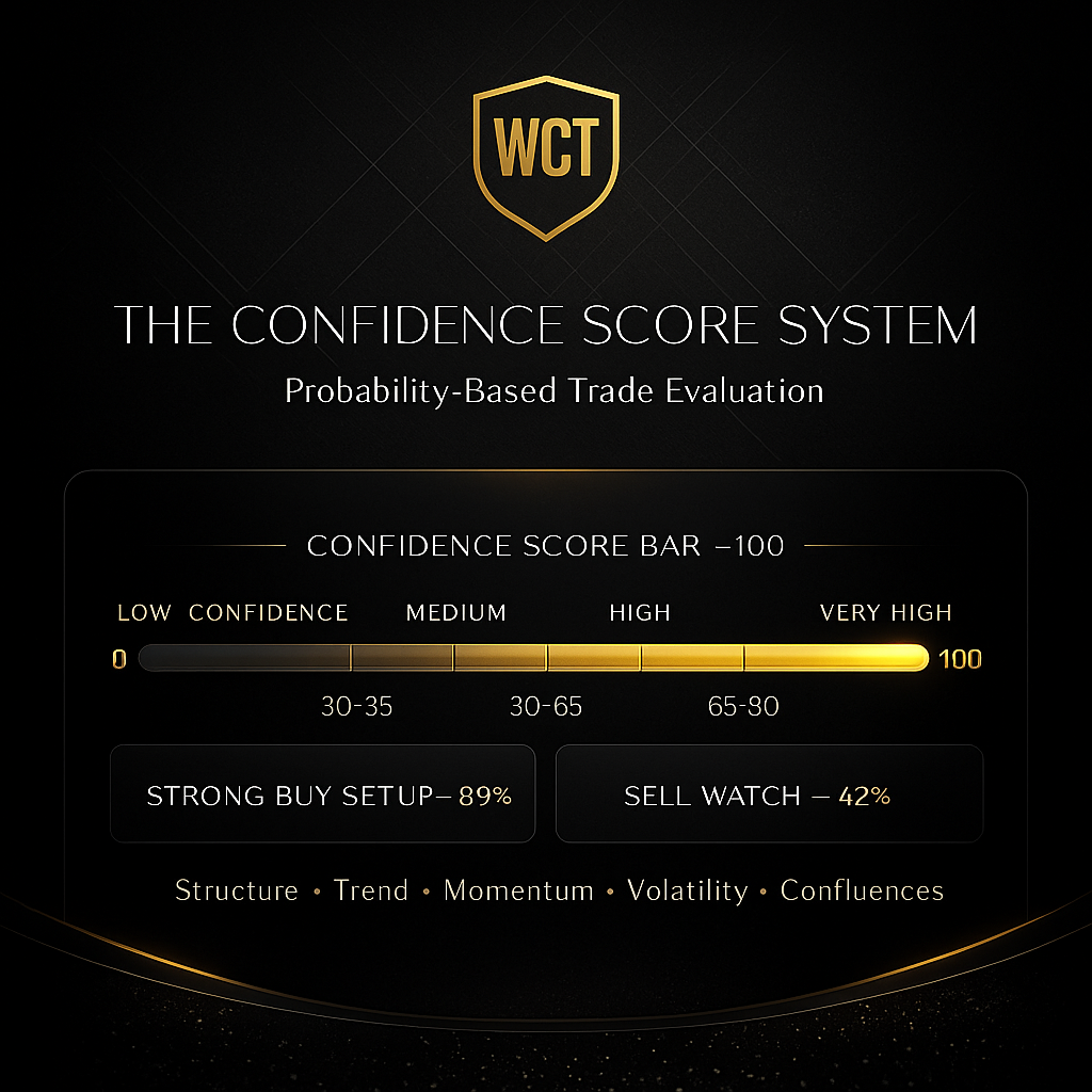 WCT confidence score bar and examples of strong buy and sell watch setups